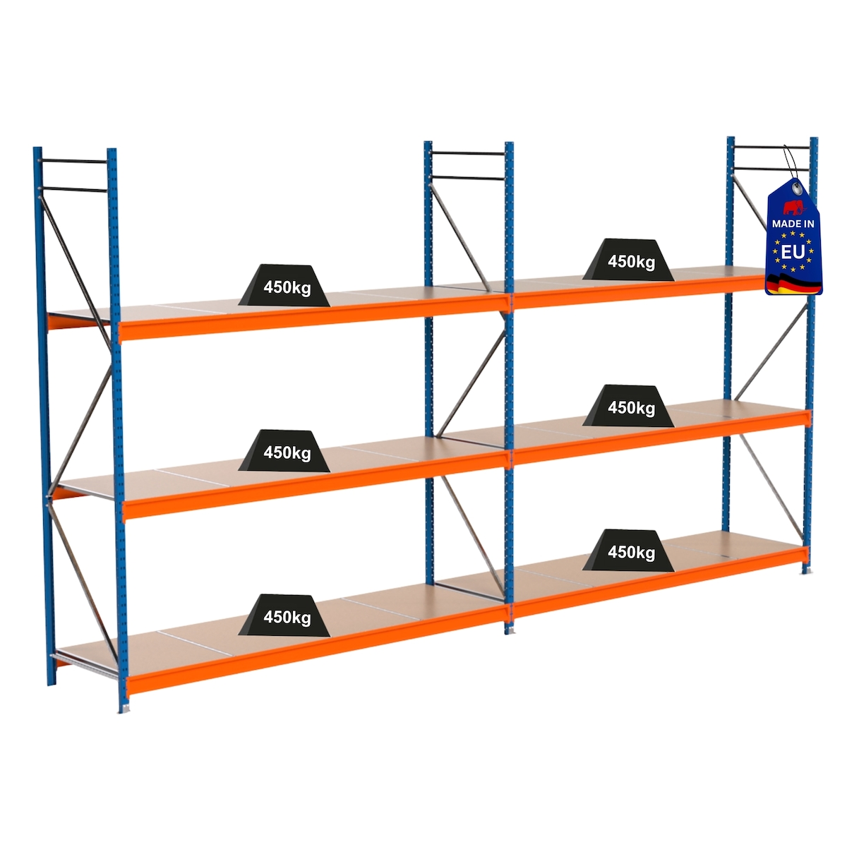 PROREGAL Industrie Schwerlastregal MAXIMUS PRO, Komplettregal, HxBxT 300x550x80cm, 3 Ebenen, Spanplatten-Fachboden, Fachlast 450 kg, Blau/Orange Image