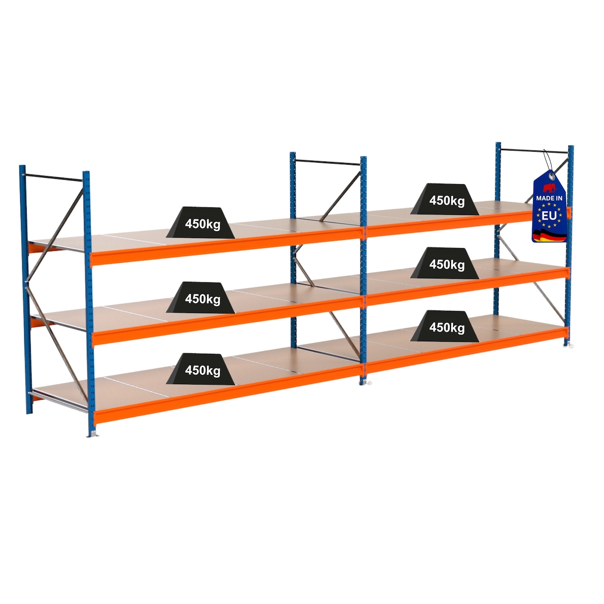PROREGAL Industrie Schwerlastregal MAXIMUS PRO, Komplettregal, HxBxT 200x550x100cm, 3 Ebenen, Spanplatten-Fachboden, Fachlast 450 kg, Blau/Orange Image