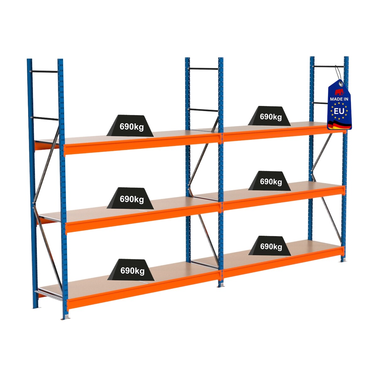 PROREGAL Industrie Schwerlastregal MAXIMUS PRO, Komplettregal, HxBxT 250x400x60cm, 3 Ebenen, Spanplatten-Fachboden, Fachlast 690 kg, Blau/Orange Image