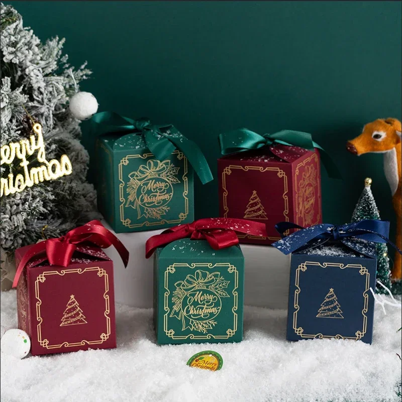 5 Stück neue Weihnachts-Apfelbox, Heiligabend-Geschenkbox, Rot, Grün, Blau, Heißprägung, hochwertiges Band, Weihnachts- und Obst-Geschenkbox Image