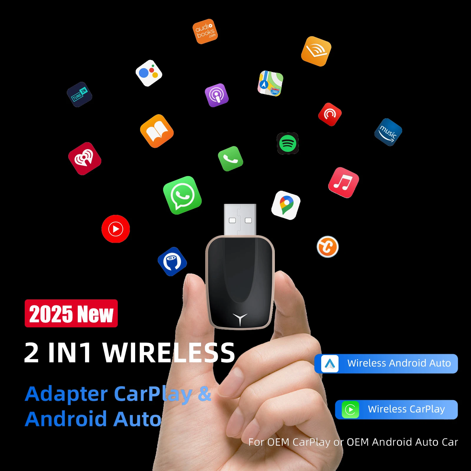 2025 2-in-1 Wireless CarPlay Android Auto Adapter für werkseitig verkabelte Autos mit 5G WiFi Bluetooth 5.0 Plug and Play OTA Upgrade Image