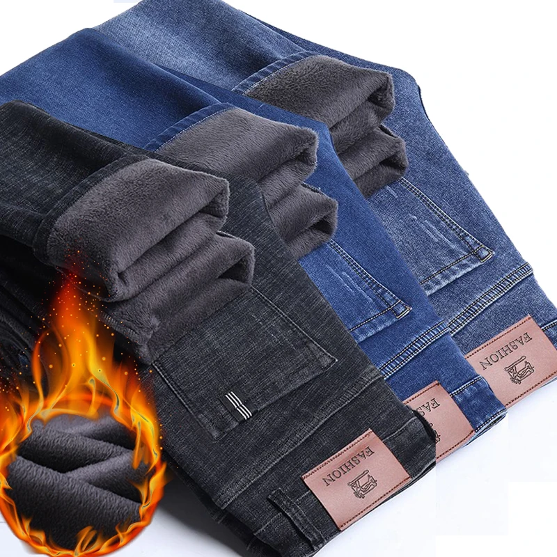 Dicke Fleece-gefütterte Herren-Jeans Winter Warme Samt-Denim-Hosen Modische Gerade Beine Schlanke Freizeithosen für Kaltes Wetter Thermohosen Image