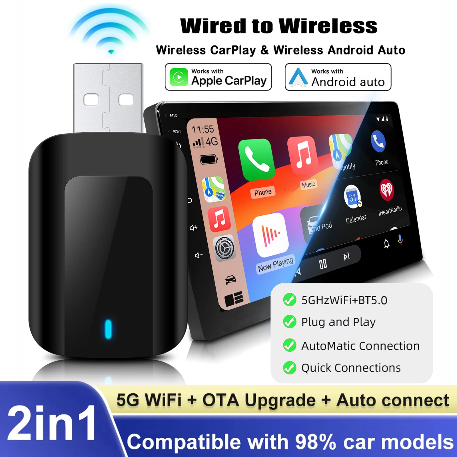 2025 2in1 Mini Wireless CarPlay/Android Auto Adapter Smart Dongle, kompakte Größe, niedrige Latenz, 5.GWiFi&BT5.0, Plug&Play für kabelgebunden Image