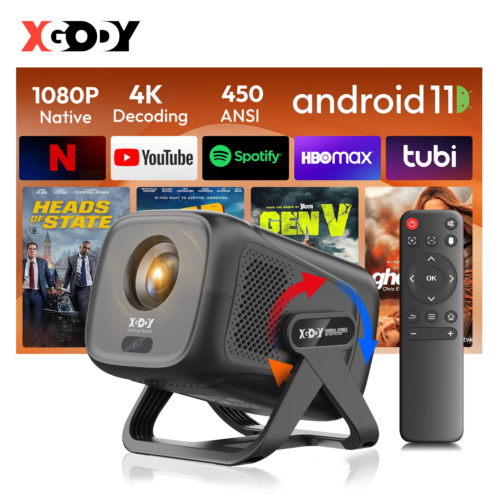 XGODY Mini-Projektor Autofokus 4K Native 1080P 450ANSI Android11 Lautsprecher Air Mouse Sprachassistent aktualisiert Heimkino Image