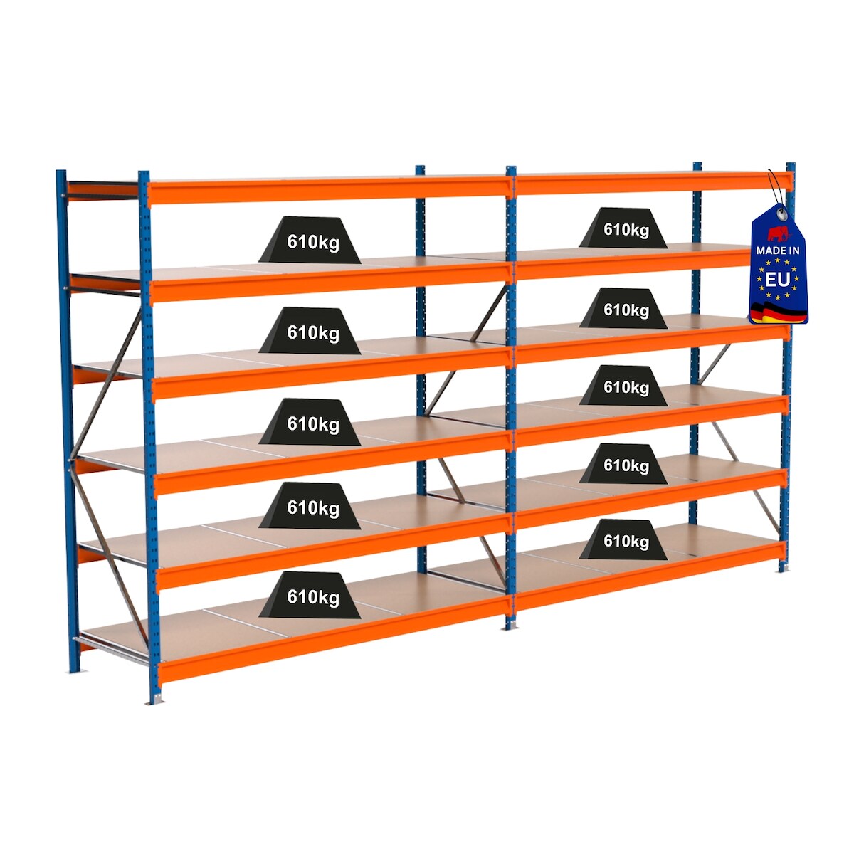 PROREGAL Industrie Schwerlastregal MAXIMUS PRO, Komplettregal, HxBxT 250x450x80cm, 6 Ebenen, Spanplatten-Fachboden, Fachlast 610 kg, Blau/Orange Image