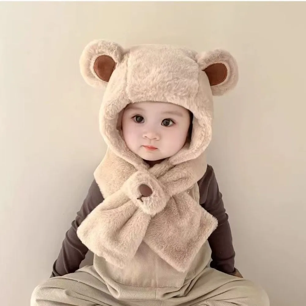 Niedliche einteilige Schals, Mützen für Babys im Herbst und Winter, verdickt, warm, mit Gehörschutz, geeignet für Jungen und Mädchen Image