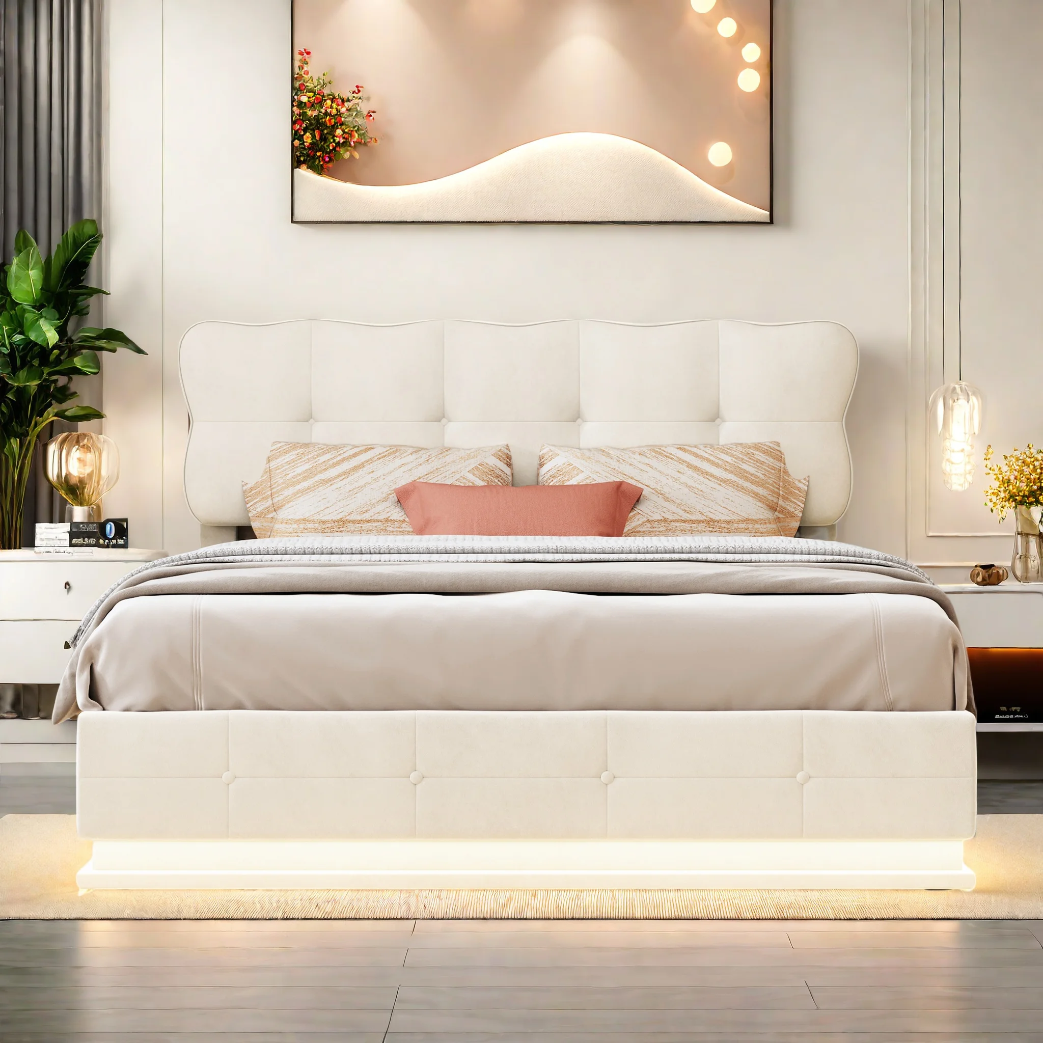 WoodenAura Doppelbett 140 x 200cm, mit LED-Beleuchtung, mit Bettstauraum und Kopfteil für Erwachsene und Jugendliche, Samt. Image