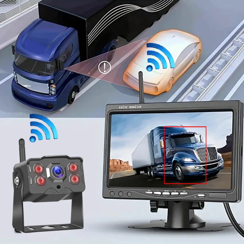 HD Kabellose Rückfahrkamera mit BSD KI-Erkennung und 7'' Monitor AHD für LKW, Bus, Wohnmobil, Anhänger, Bagger, Pickup Image