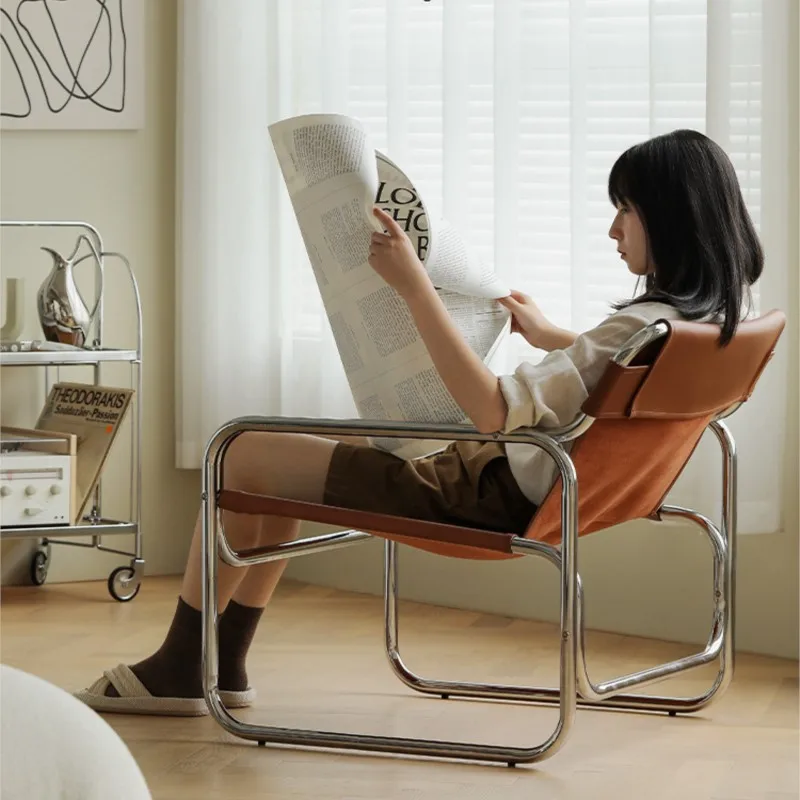 FULLOVE Nordic Stuhl Bauhaus Mid-Ancient Möbel Ins Mode Edelstahl Rückenlehne Liege Einzelne Freizeit Couch 2023 Image