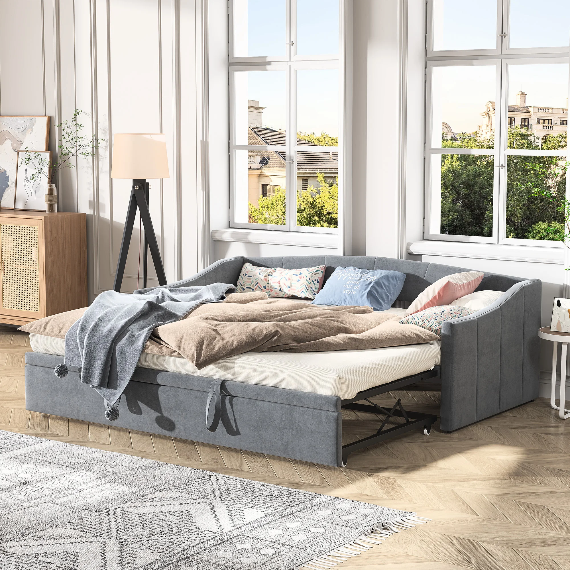 Comanlai 90/180x200cm Ausziehbares Schlafsofa, Erweiterbares Schlafsofa mit Lattenrost, Gepolstertes Bett, Funktionales Bett, Samt