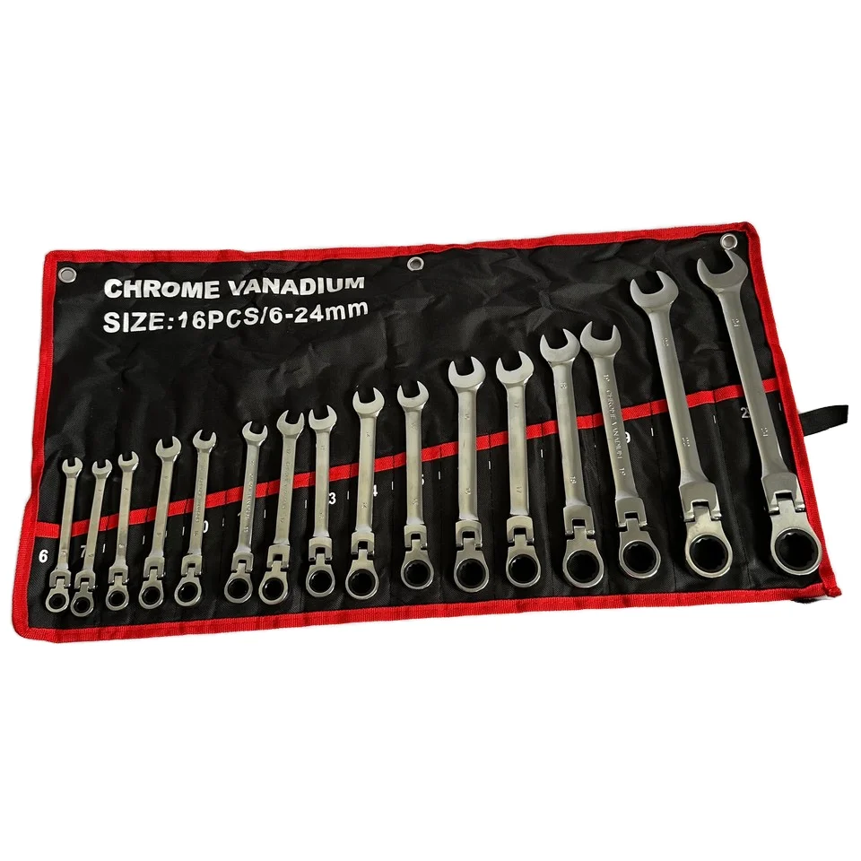 Set di 16 Chiavi a Cricchetto Combinate a Testa Snodata in Acciaio al Cromo Vanadio Metriche Confezione Personalizzabile OEM
