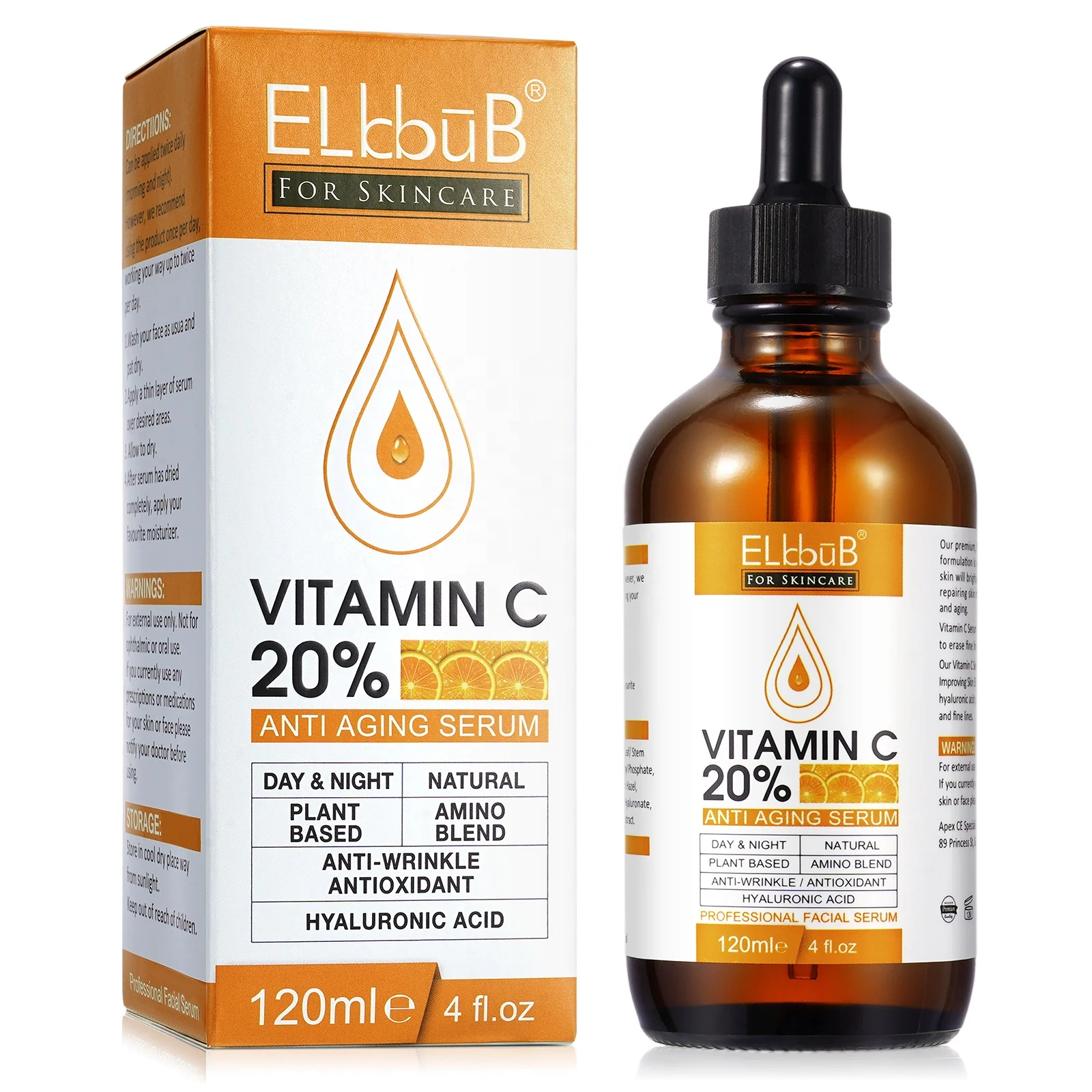 ELbbUB Private Label naturale organico 120ml di siero per la pelle del viso vitamina c 20% cura del viso schiarente sbiancante vitamina c siero