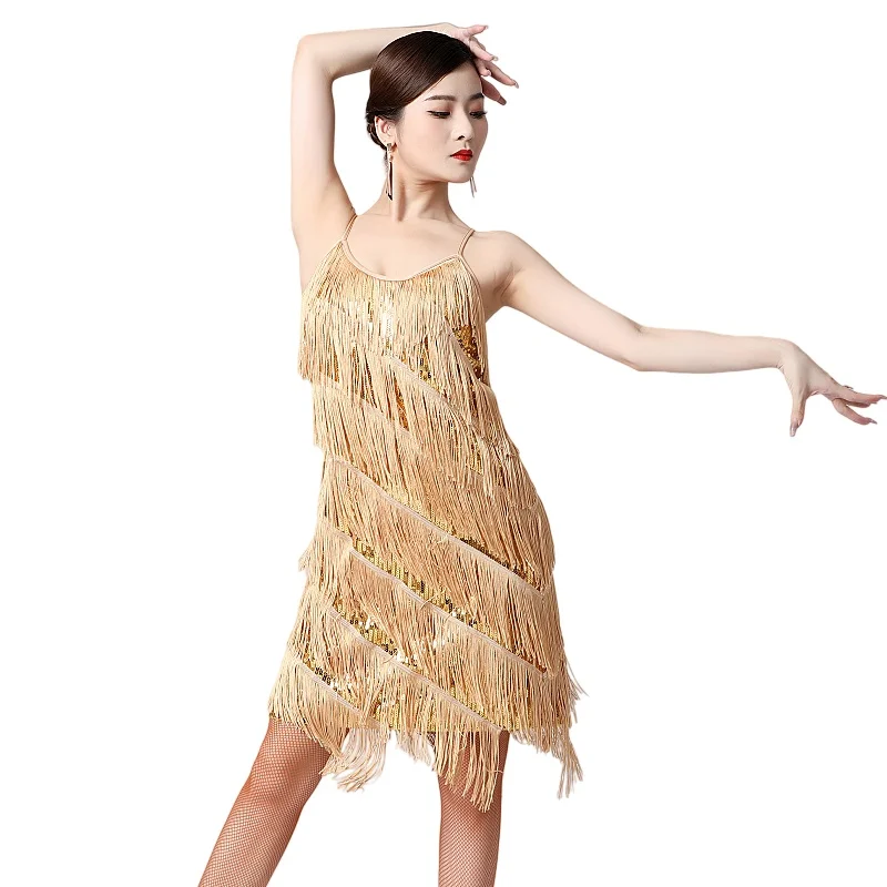 Abito da Festa con Paillettes e Frange per Donna Senza Maniche Spalline Sottili Stile Anni '20 Gatsby Mini Abito da Cocktail Abito da Ballo Latino