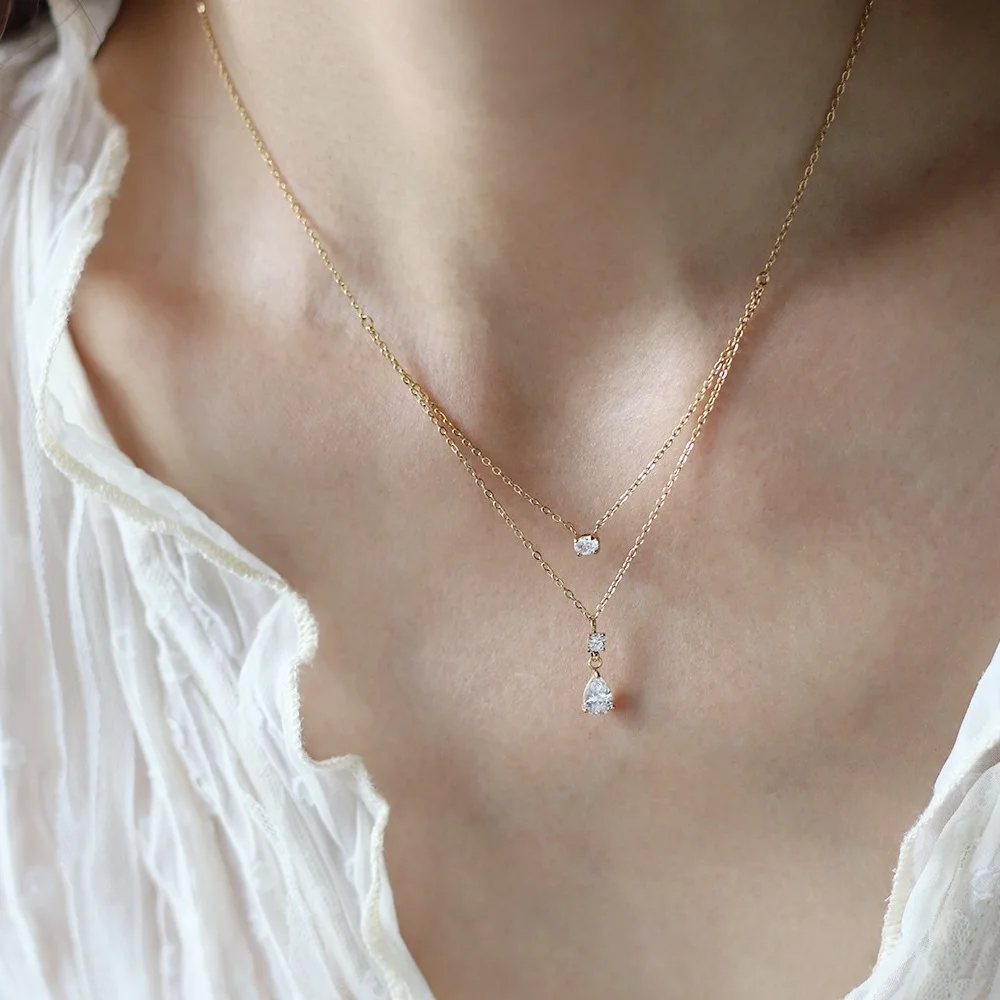 Joolim 18k placcato in oro a doppio strato 3 zirconi rotondi collana pendente a goccia d'acqua in acciaio inossidabile gioielli di moda all'ingrosso
