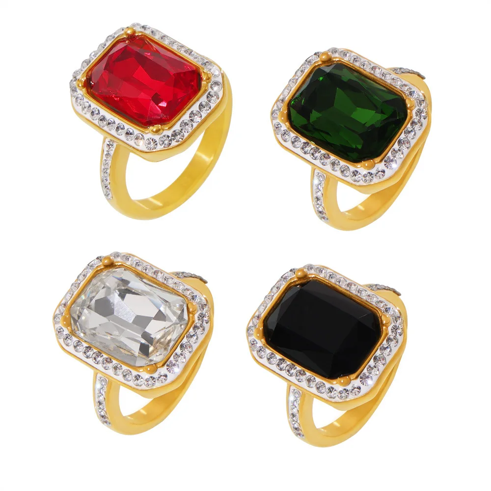 Moda 18K placcato oro 18k rettangolo placcato oro chiaro rosso verde rettangolo Zirconia anello di appannamento anello libero per le donne