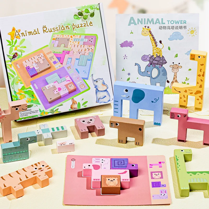Giocattoli in Legno per Bambini Blocchi di Costruzione 3D Animali Giocattoli Educativi Impilabili Puzzle di Forme Giochi da Tavolo per Bambini