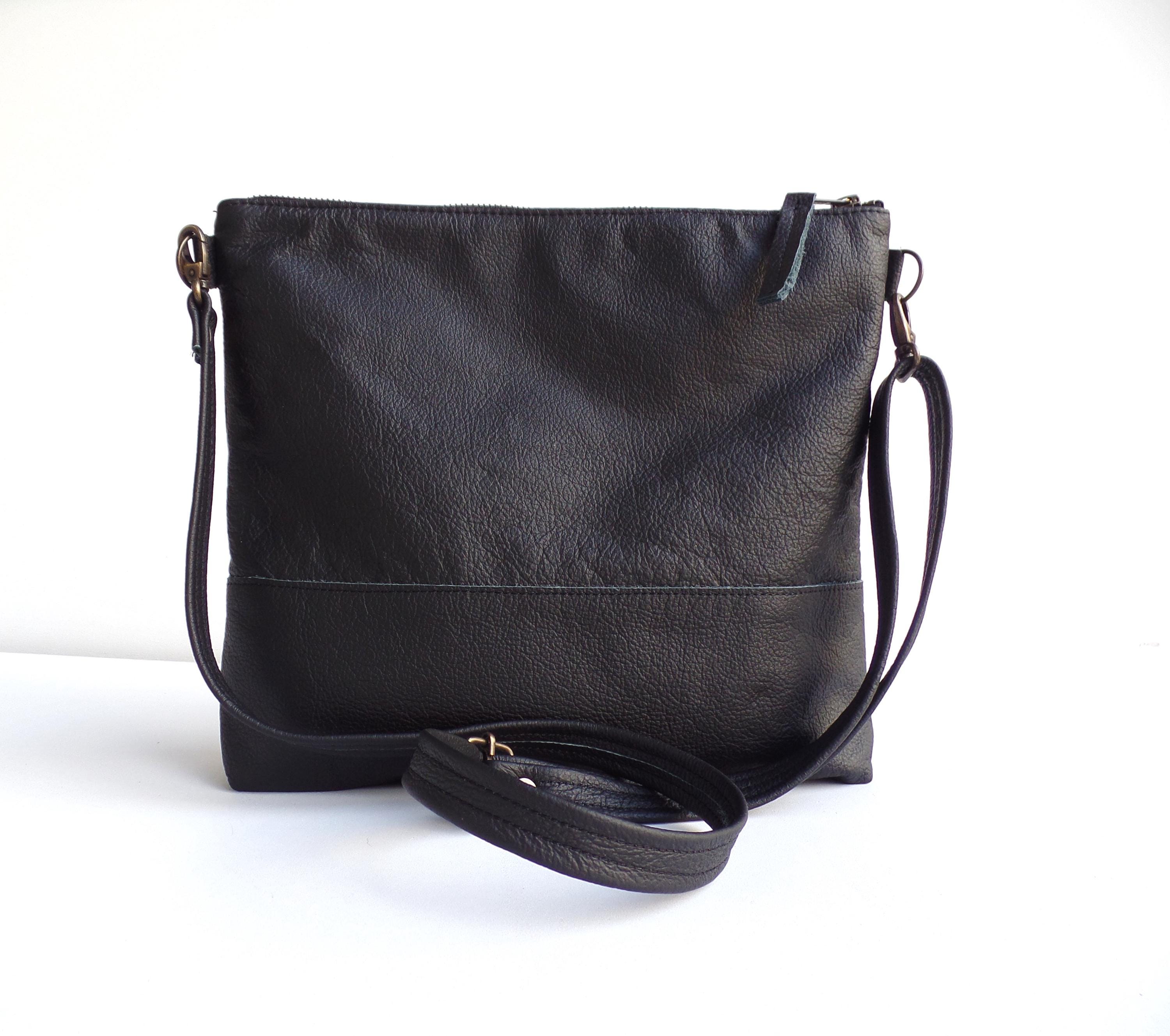 Borsa a tracolla in pelle nera, borsa a tracolla in pelle pieno fiore nera, borsa a tracolla media in vera pelle, borsa per donna, borsa per uomo