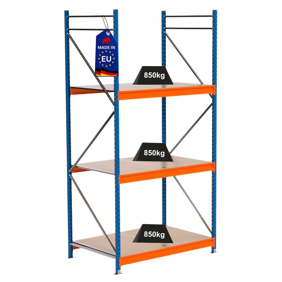 Proregal Industrie Weitspannregal Lagerregal MAXIMUS PRO | Grundregal | HxBxT 300x150x100cm | 3 Ebenen | Spanplatten-Fachboden | Fachlast 850 kg | Blau/Orange Image