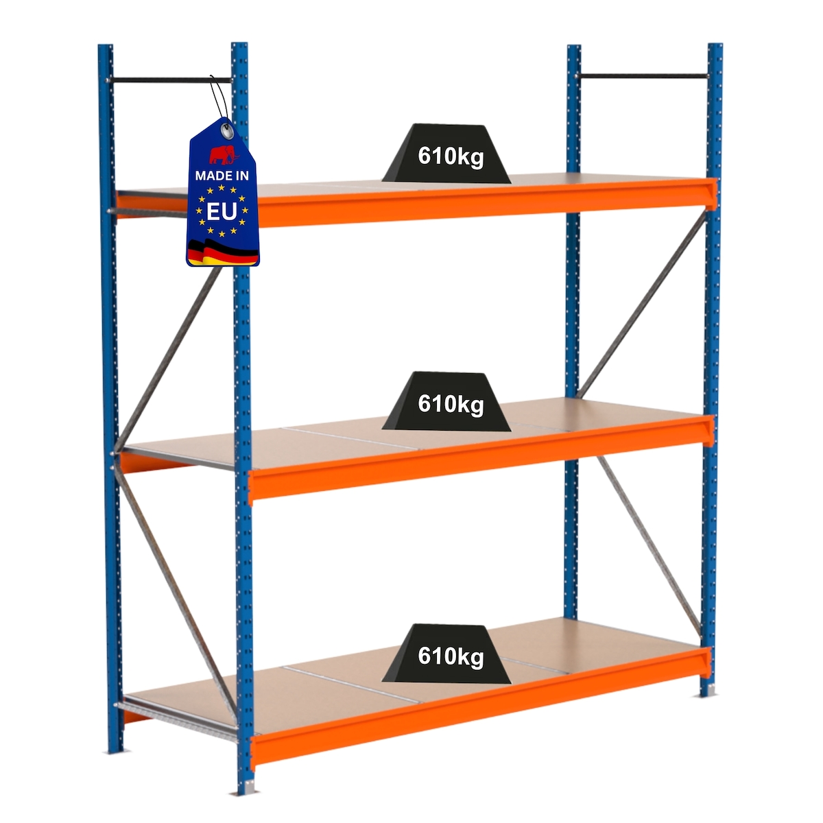 PROREGAL Industrie Schwerlastregal MAXIMUS PRO, Grundregal, HxBxT 250x225x80cm, 3 Ebenen, Spanplatten-Fachboden, Fachlast 610 kg, Blau/Orange Image