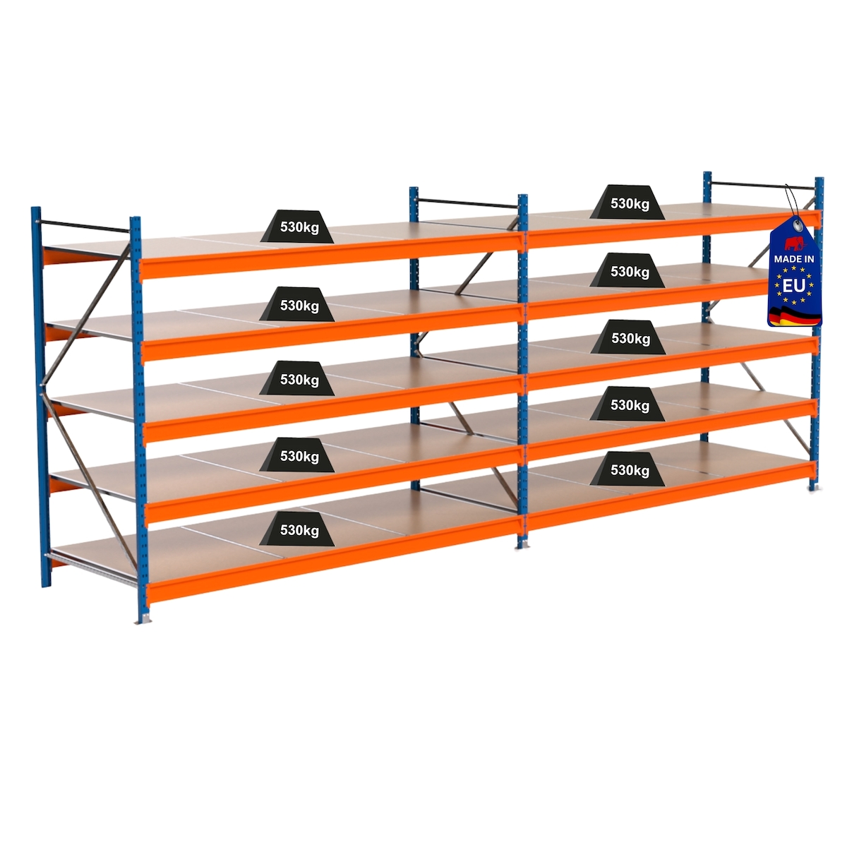 PROREGAL Industrie Schwerlastregal MAXIMUS PRO, Komplettregal, HxBxT 200x500x100cm, 5 Ebenen, Spanplatten-Fachboden, Fachlast 530 kg, Blau/Orange Image