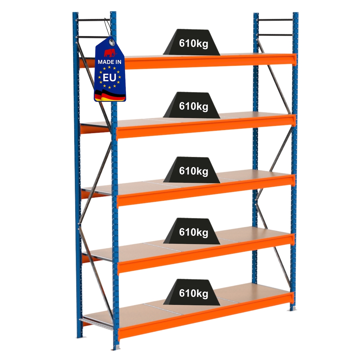 Proregal Industrie Weitspannregal Lagerregal MAXIMUS PRO | Grundregal | HxBxT 300x225x60cm | 5 Ebenen | Spanplatten-Fachboden | Fachlast 610 kg | Blau/Orange Image