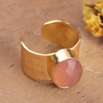 Pink Glow,'Modern Hammered Pink Chalcedony Brass Wrap Cocktail Ring'