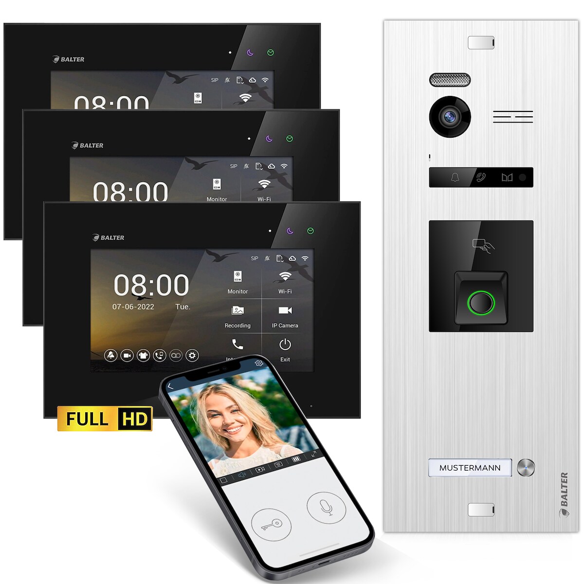 HD Video Türsprechanlage mit Fingerprint RFID und Smartphone App für 1 Familienhaus, 3x Monitore, Balter EVO HD Fingerprint Image
