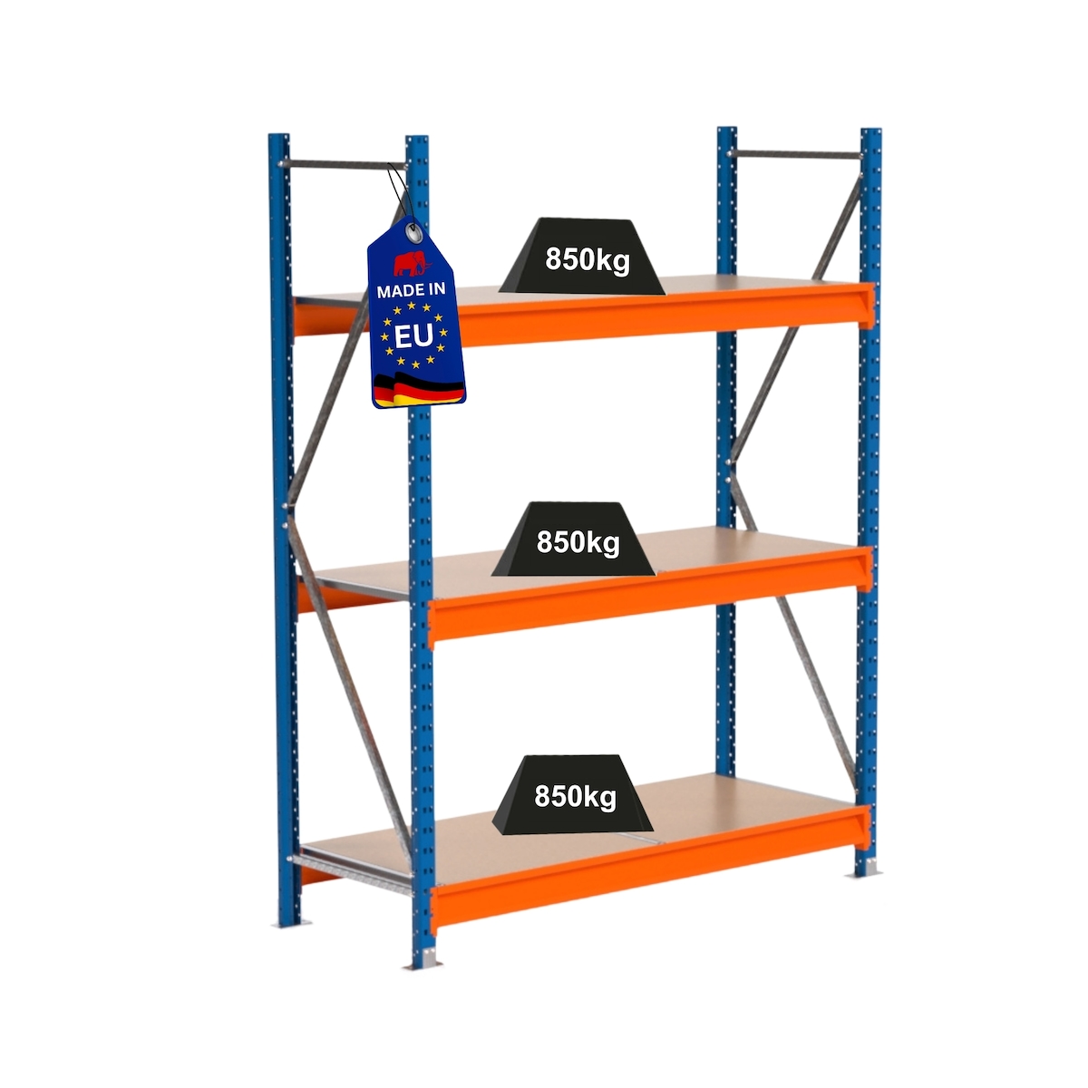 Proregal Industrie Weitspannregal Lagerregal MAXIMUS PRO | Grundregal | HxBxT 200x150x60cm | 3 Ebenen | Spanplatten-Fachboden | Fachlast 850 kg | Blau/Orange Image