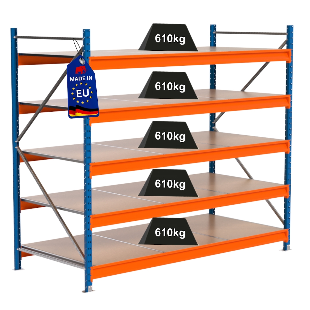 PROREGAL Industrie Schwerlastregal MAXIMUS PRO, Grundregal, HxBxT 200x225x100cm, 5 Ebenen, Spanplatten-Fachboden, Fachlast 610 kg, Blau/Orange Image