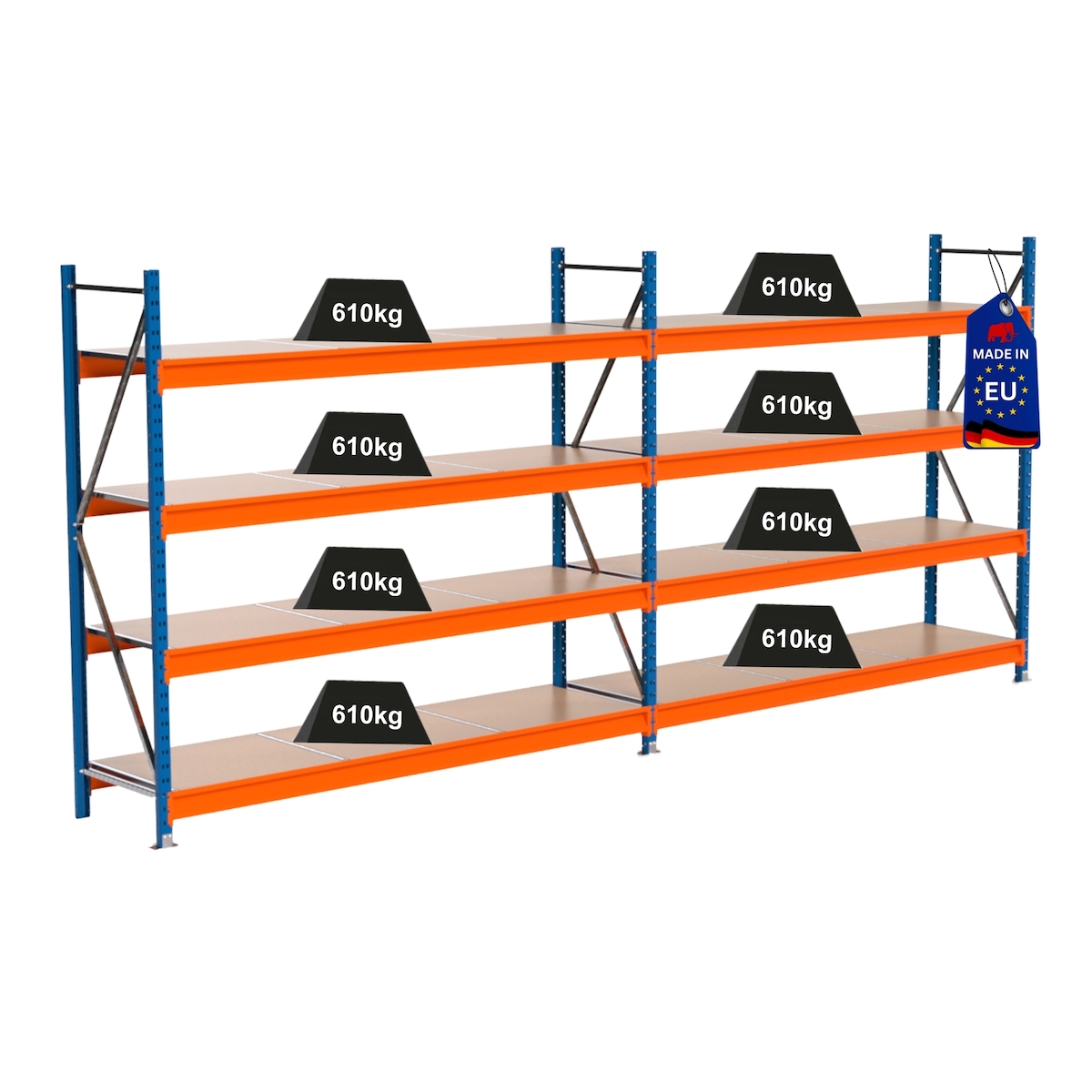 PROREGAL Industrie Schwerlastregal MAXIMUS PRO, Komplettregal, HxBxT 200x450x60cm, 4 Ebenen, Spanplatten-Fachboden, Fachlast 610 kg, Blau/Orange Image