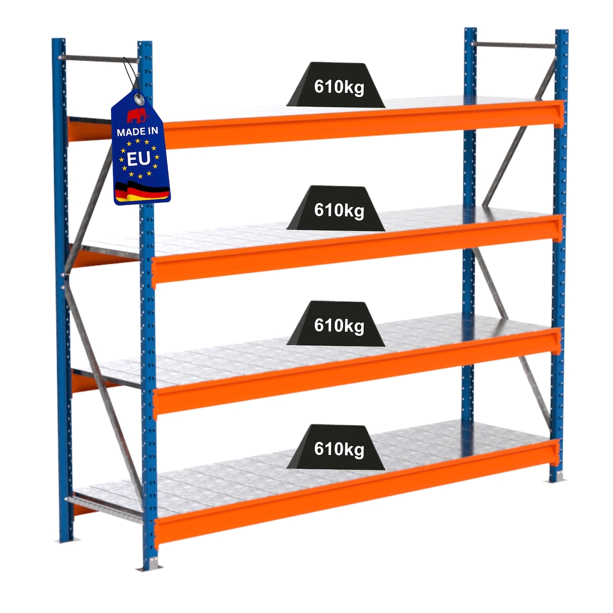 Proregal Industrie Weitspannregal Lagerregal MAXIMUS PRO | Grundregal | HxBxT 200x225x60cm | 4 Ebenen | Stahlplatten-Fachboden | Fachlast 610 kg | Blau/Orange Image