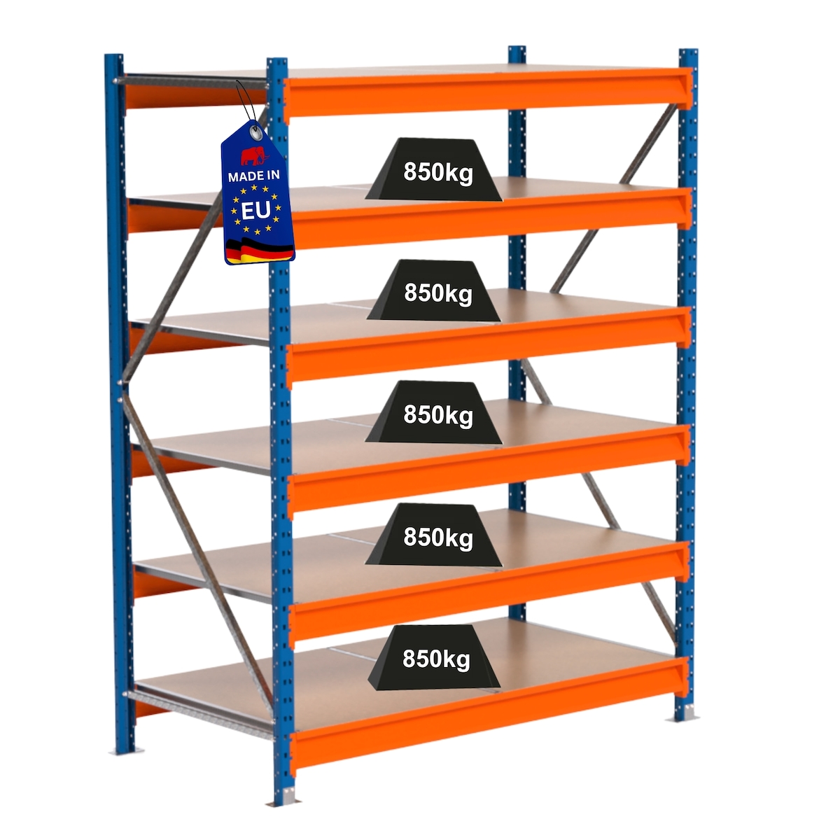 Proregal Industrie Weitspannregal Lagerregal MAXIMUS PRO | Grundregal | HxBxT 200x150x80cm | 6 Ebenen | Spanplatten-Fachboden | Fachlast 850 kg | Blau/Orange Image