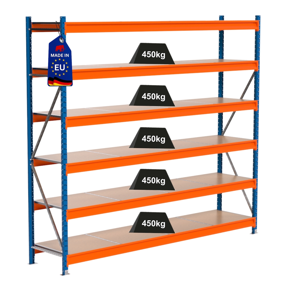 Proregal Industrie Weitspannregal Lagerregal MAXIMUS PRO | Grundregal | HxBxT 250x275x60cm | 6 Ebenen | Spanplatten-Fachboden | Fachlast 450 kg | Blau/Orange Image