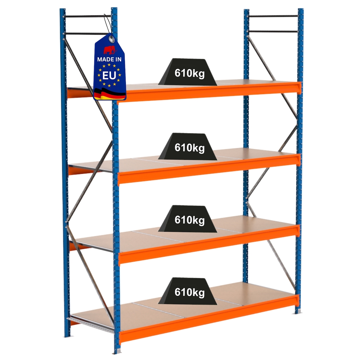 PROREGAL Industrie Schwerlastregal MAXIMUS PRO, Grundregal, HxBxT 300x225x80cm, 4 Ebenen, Spanplatten-Fachboden, Fachlast 610 kg, Blau/Orange Image