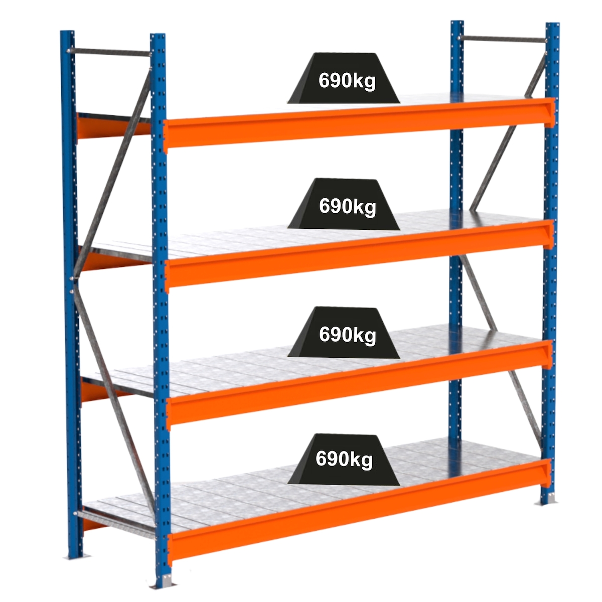 PROREGAL Industrie Schwerlastregal MAXIMUS PRO, Grundregal, HxBxT 200x200x60cm, 4 Ebenen, Stahlplatten-Fachboden, Fachlast 690 kg, Blau/Orange Image