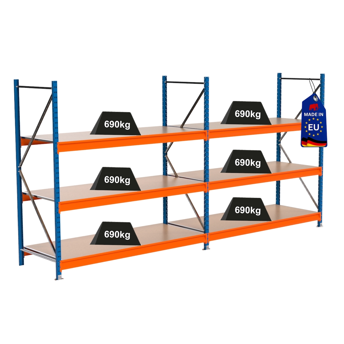 PROREGAL Industrie Schwerlastregal MAXIMUS PRO, Komplettregal, HxBxT 200x400x80cm, 3 Ebenen, Spanplatten-Fachboden, Fachlast 690 kg, Blau/Orange Image