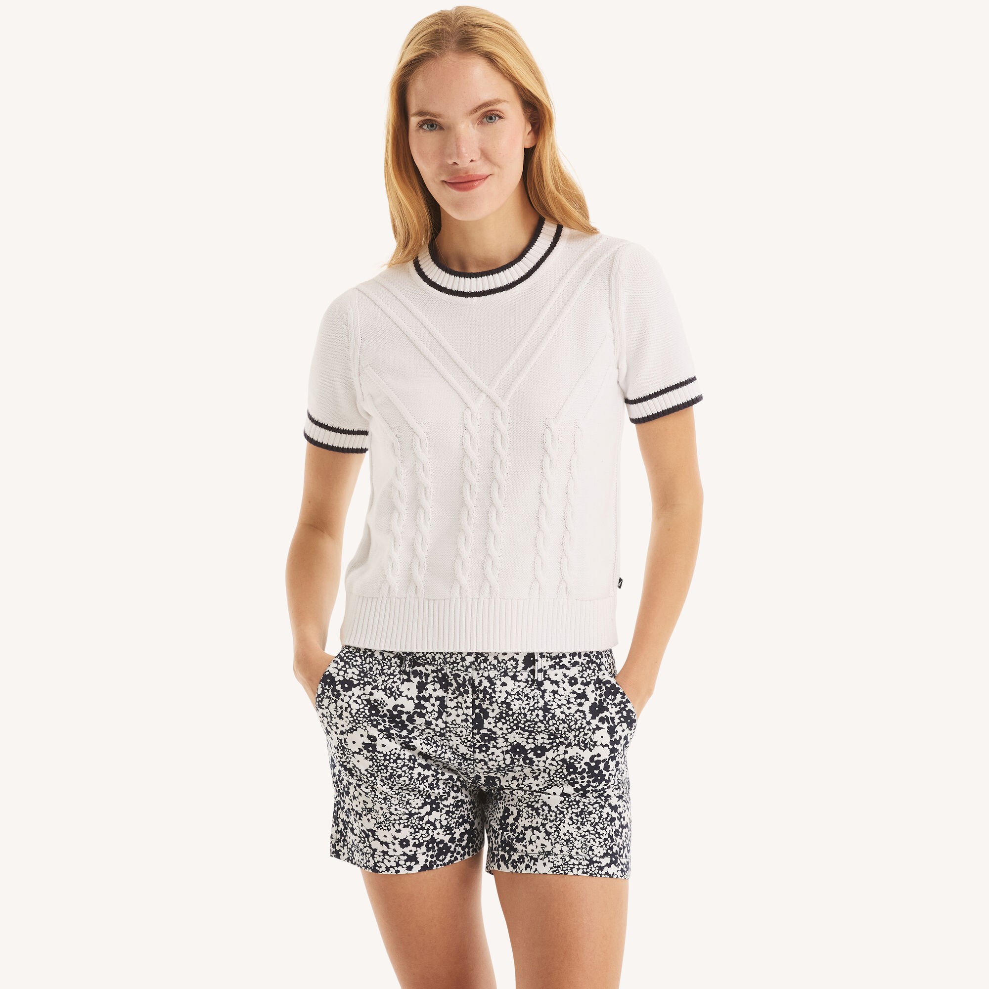 Nautica Women's Short-Sleeve Cable-Knit Sweater 152 (Champagne), XS