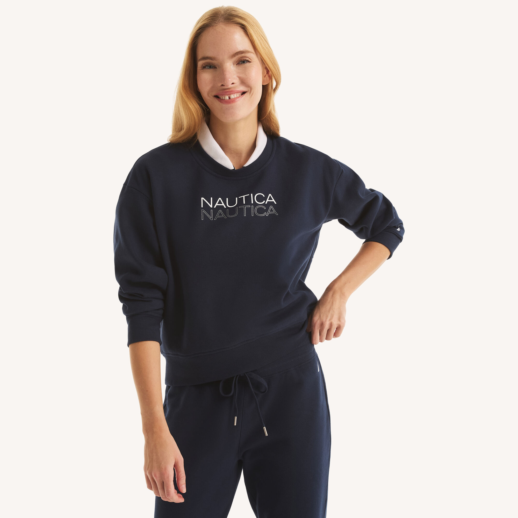 Nautica Women's Logo Crewneck Sweatshirt 410 (Workshirt Blue), M
