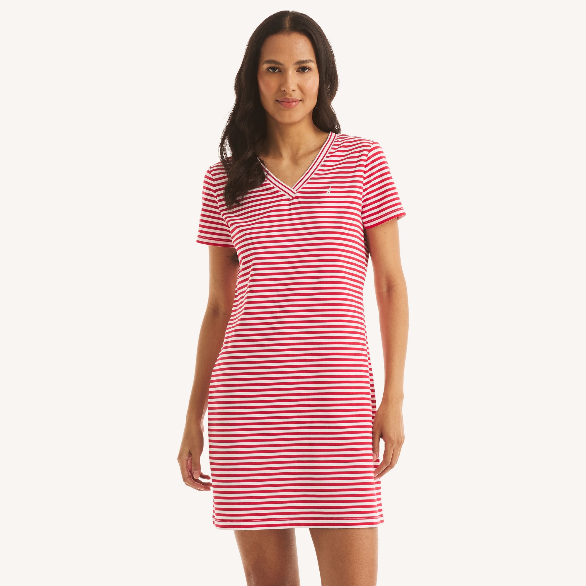 Nautica Women's Striped Tipped V-Neck Dress 645 (Tango Red), XS