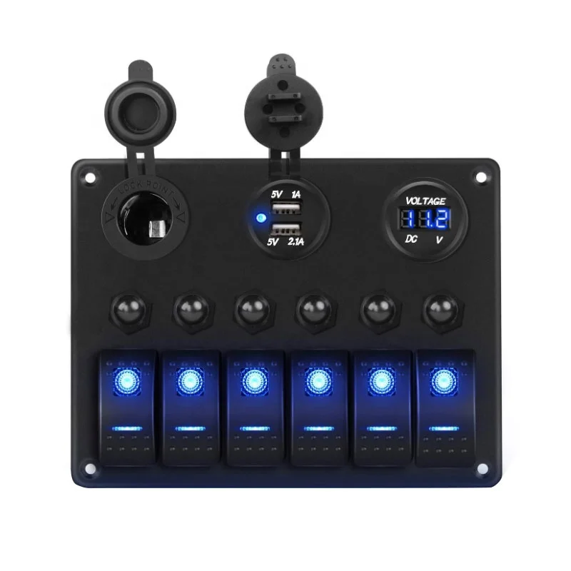 Panneau d'interrupteur à bascule à 6 gangs, double Ports USB DC 12V/24V, panneau en aluminium, voltmètre numérique, voiture RV, bateau marin, disjoncteur LED