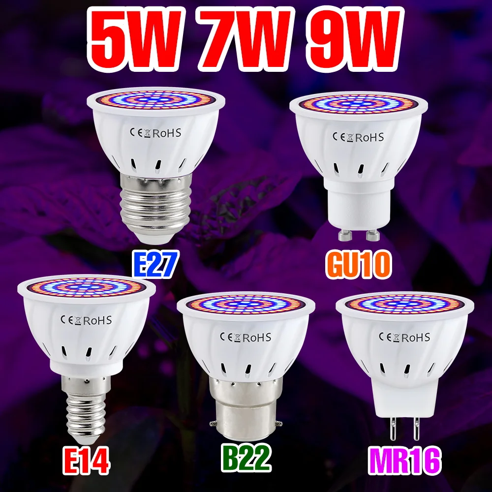 9W E27/E26 LED Coltiva La Luce GU10 Spettro Completo Lampada per Piante E14 Per Interni Frutta in Vaso Growbox Lampadina di Coltivazione MR16 AC220V 5W 7W