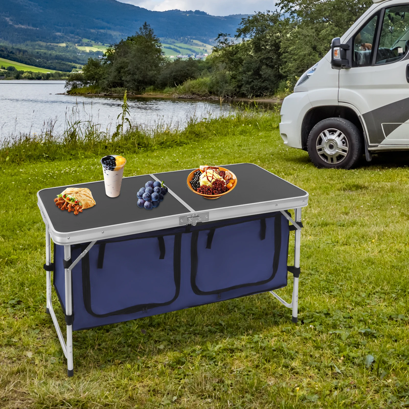 3 höhenverstellbarer klappbarer Campingtisch, leichte Picknicktische aus Aluminiumlegierung mit Aufbewahrungstaschen für Picknick-Grillen im Freien Image