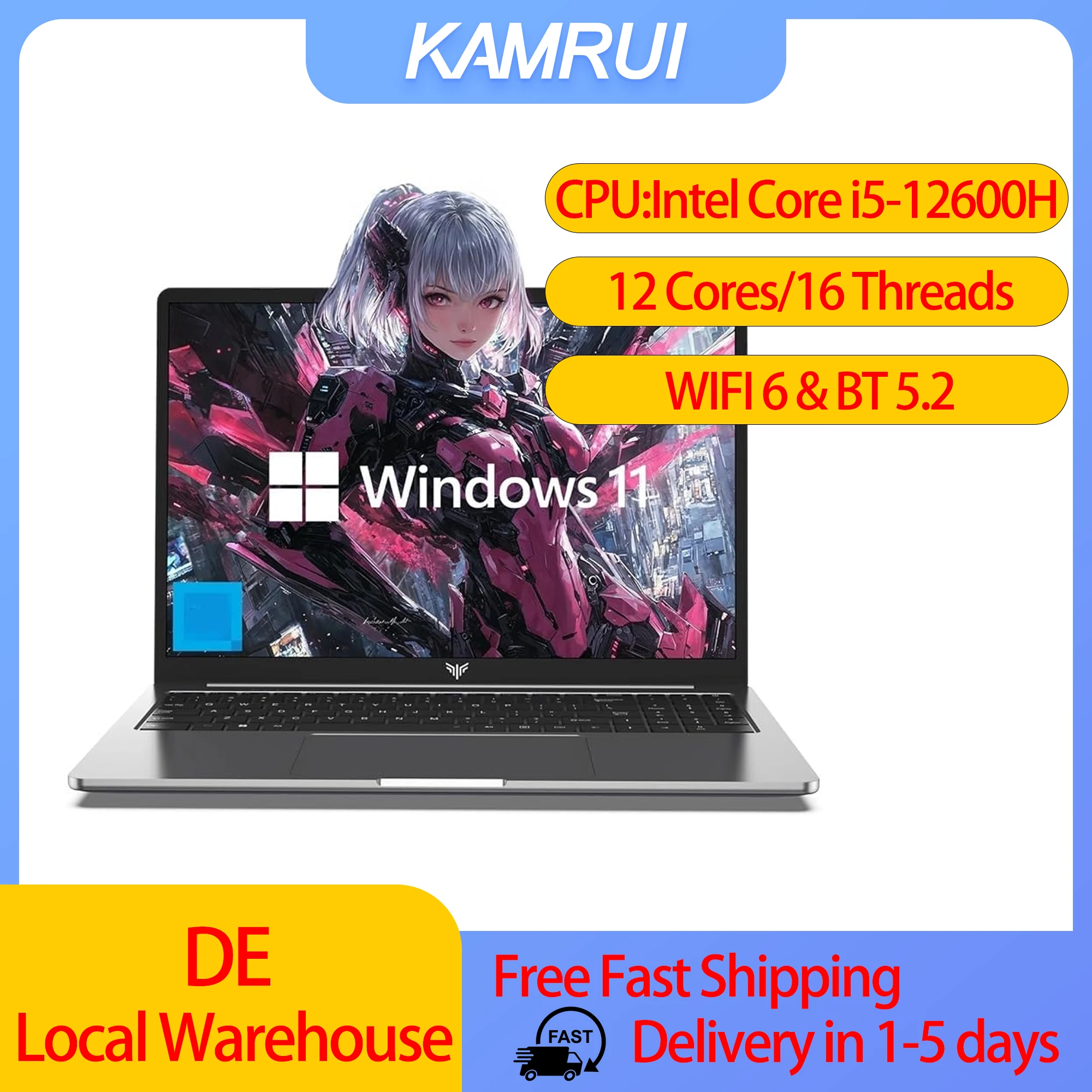 KAMRUI Gaming-Laptop mit Intel Core i5 12600H Prozessor, 16GB RAM, 512GB SSD, WiFi 6, 15,6 Zoll IPS-Display, Windows 11 Laptop-Computer Image