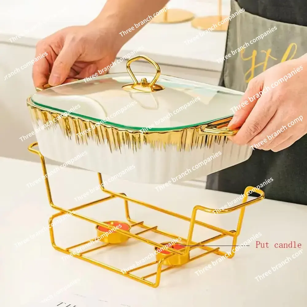 Keramik-Buffetheizung, Suppentopf, vergoldetes Geschirr, rechteckige Porzellankerze, Heizung, Lebensmittelisolierung, Backform mit Deckel Image