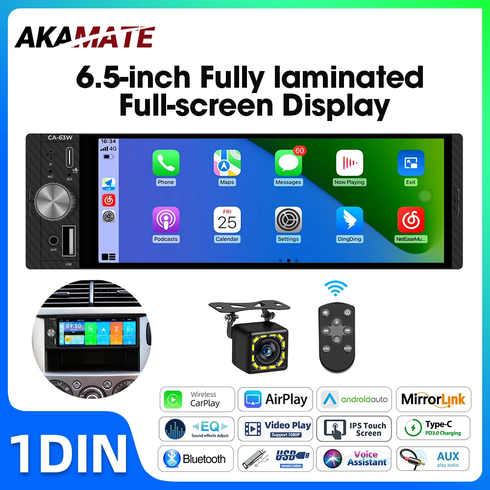 6,5 Zoll Autoradio Kabelloses Carplay Android Auto Mirrorlink AUX EQ Bluetooth IPS HD USB Typ-C Ladung 1Din Multimedia-Player Image