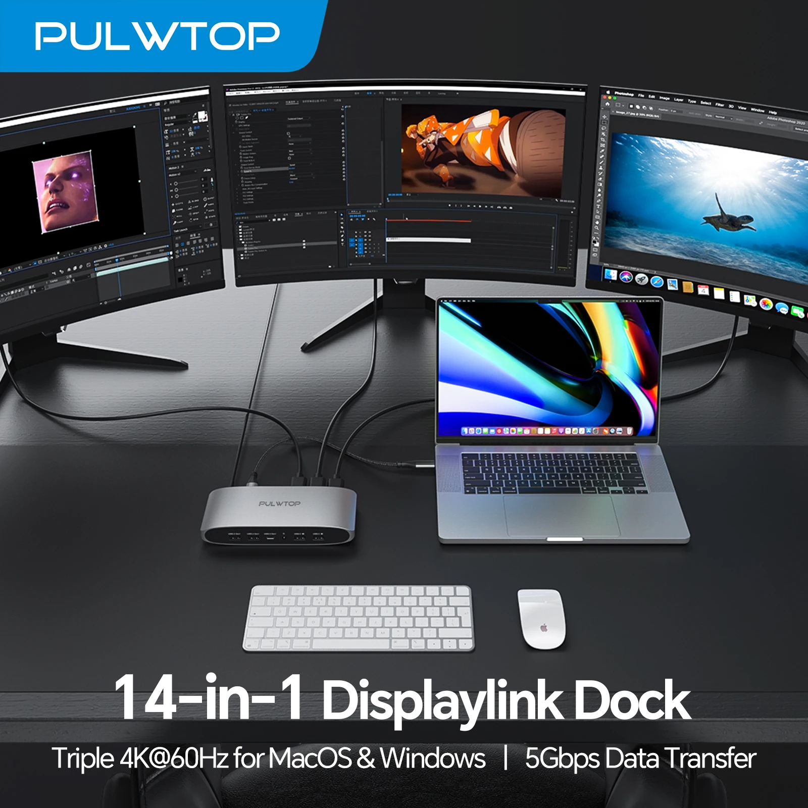 PULWTOP Displaylink-Dockingstation mit 2 HDMI 4K bei 60 Hz, 2 Display-Ports, PD, USB-C-Daten, 4 USBA, Ethernet, Audio Image