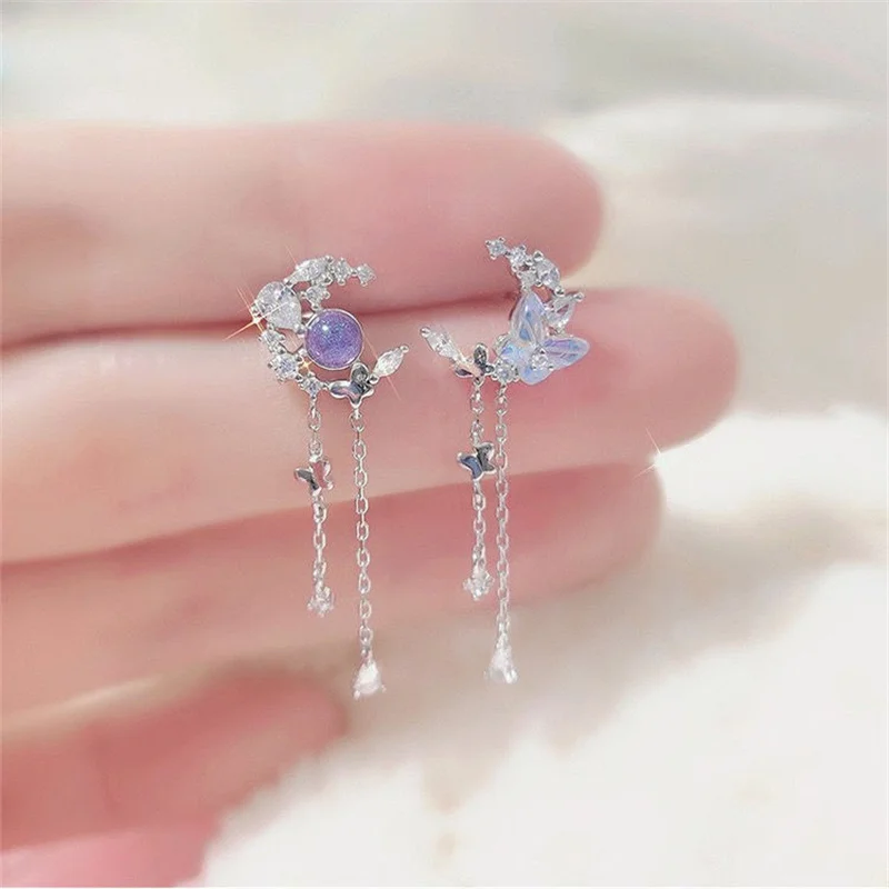 Funkelnde Kristall Stern Mond Quaste Ohrringe für Frauen Koreanische Mode Zirkon Schmetterling Asymmetrische Tropfen Ohrring Partei Schmuck Image