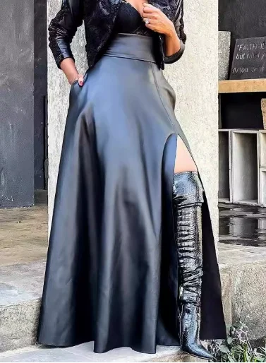 Pu Leder A-linie Rock Frauen Mode Trendy Einfarbig Sexy Hohe Taille Schlitz Lange Röcke Temperament Pendeln Kleidung Weibliche Image