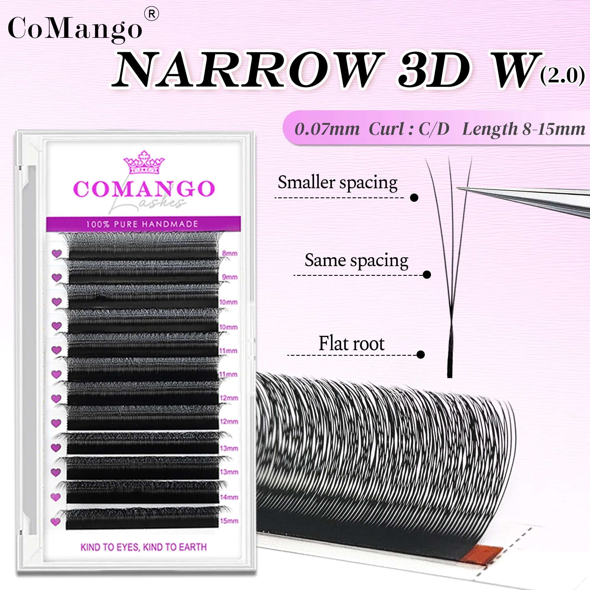 CoMango 3D-W-förmige Wimpernverlängerungen mit kleinerem Abstand, 12 Reihen schmale 3D-Wimpern, 0,07 mm handgewebte natürliche weiche Wimpern, Großhandel Image