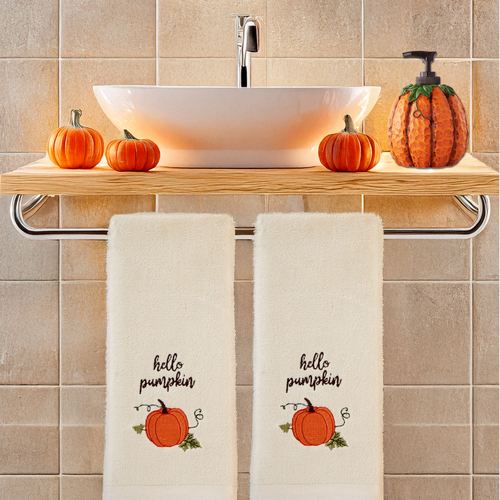 Hello Pumpkin Lotion Soap Dispenser and Hand Towels Orange Three Piece Set, Three Piece Set, Orange